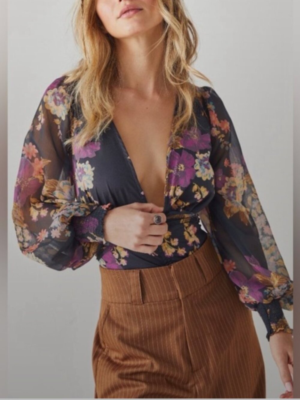 Free People Wanderlust Floral Bodysuit in Black Purple Combo Sz XS